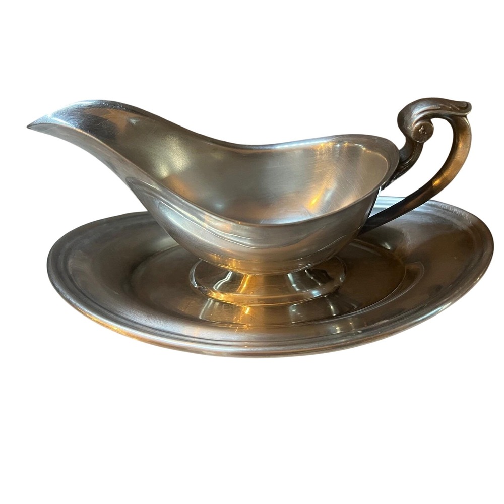 Vintage Pewter/Silverplate Gravy Boat with Attached Underplate Colonial MCM 80's